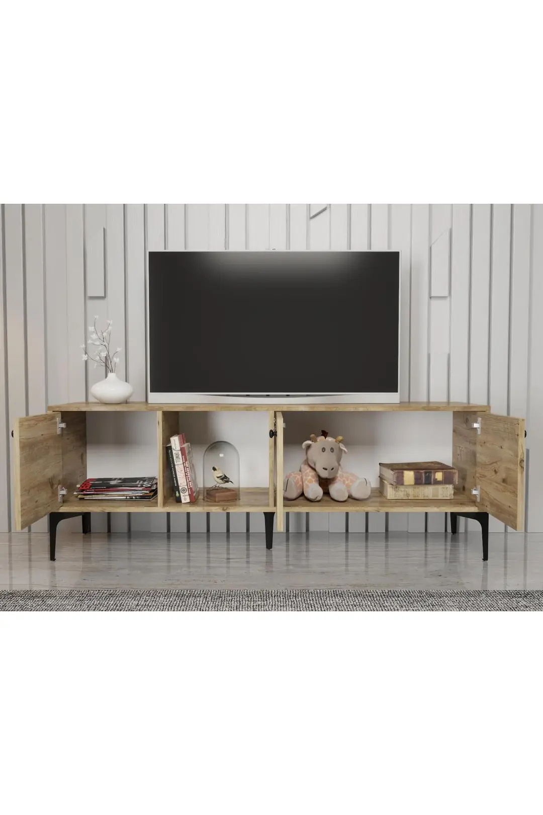 Hira 160 Cm Metal Ayaklı Tv Ünitesi - Atlantik Çam / Siyah